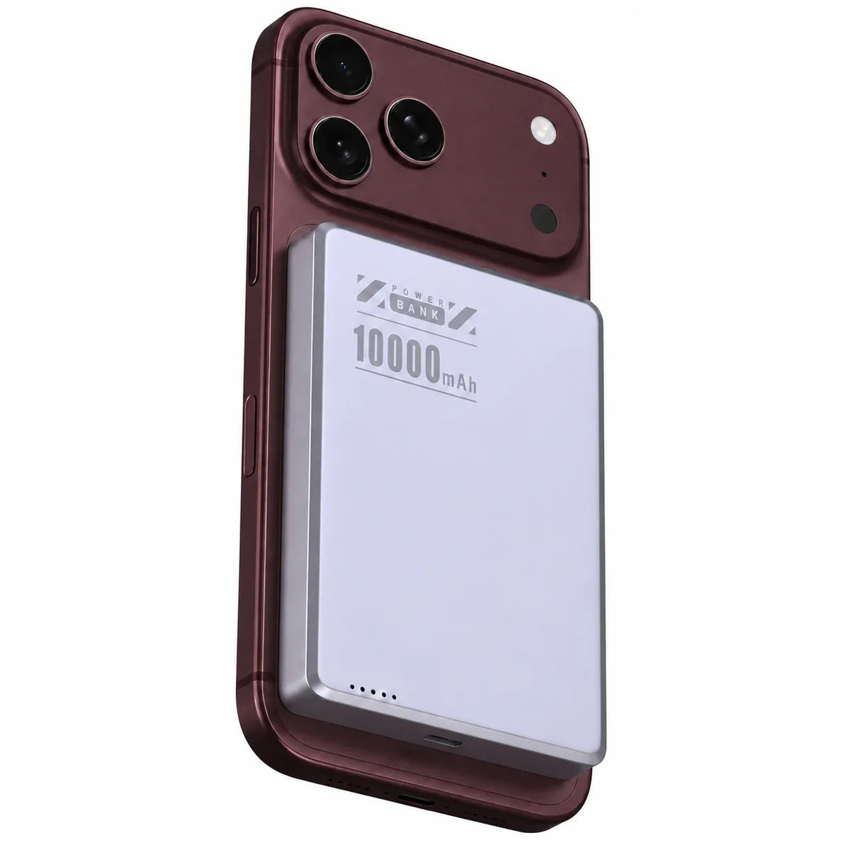 Lavender slim magnetic power bank on a Burgundy phone with a larger battery. #color_Lavender