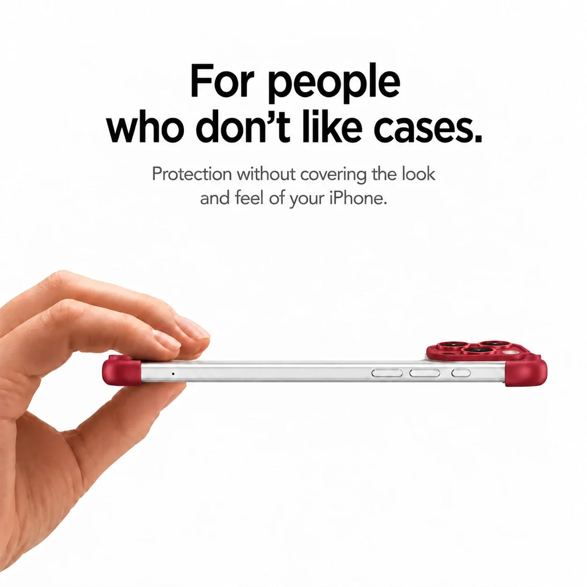 Red slim phone bumper held horizontally to show its thin side profile #color_Crimson Red