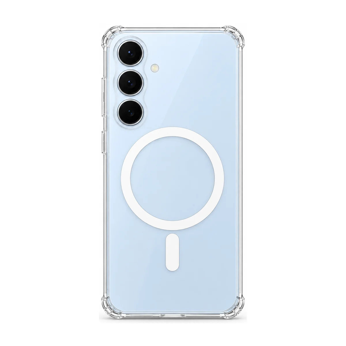 Clear magnetic phone case fitted to a handset, rear view with model-specific camera openings. #Samsung Model_Samsung S24 FE