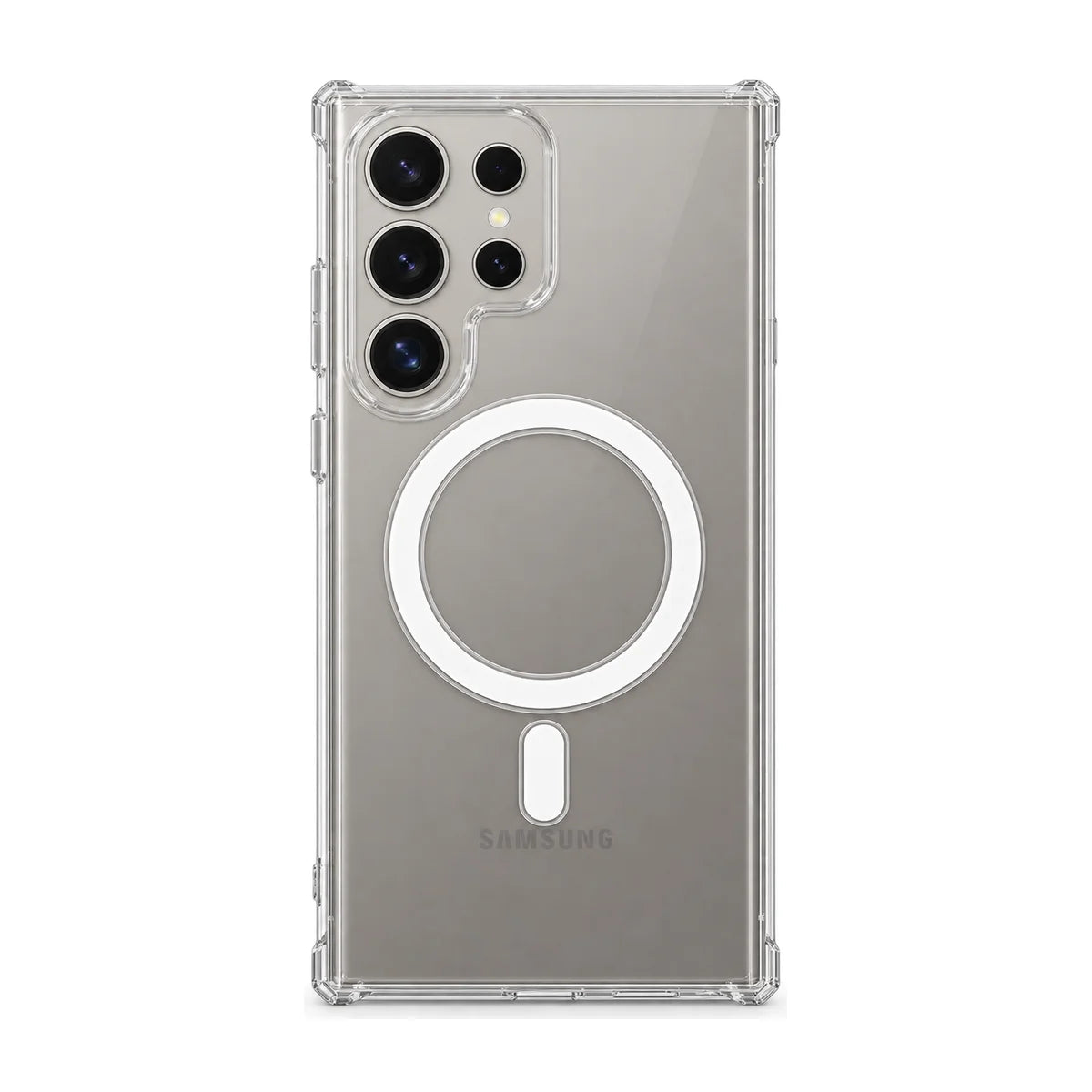 Clear magnetic phone case fitted to a gray handset, rear view. #Samsung Model_Samsung S24 Ultra