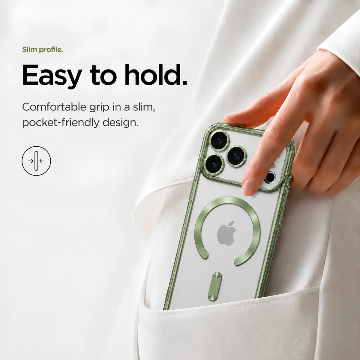 Sage green slim phone case being placed in a white clothing pocket #color_Sage Green