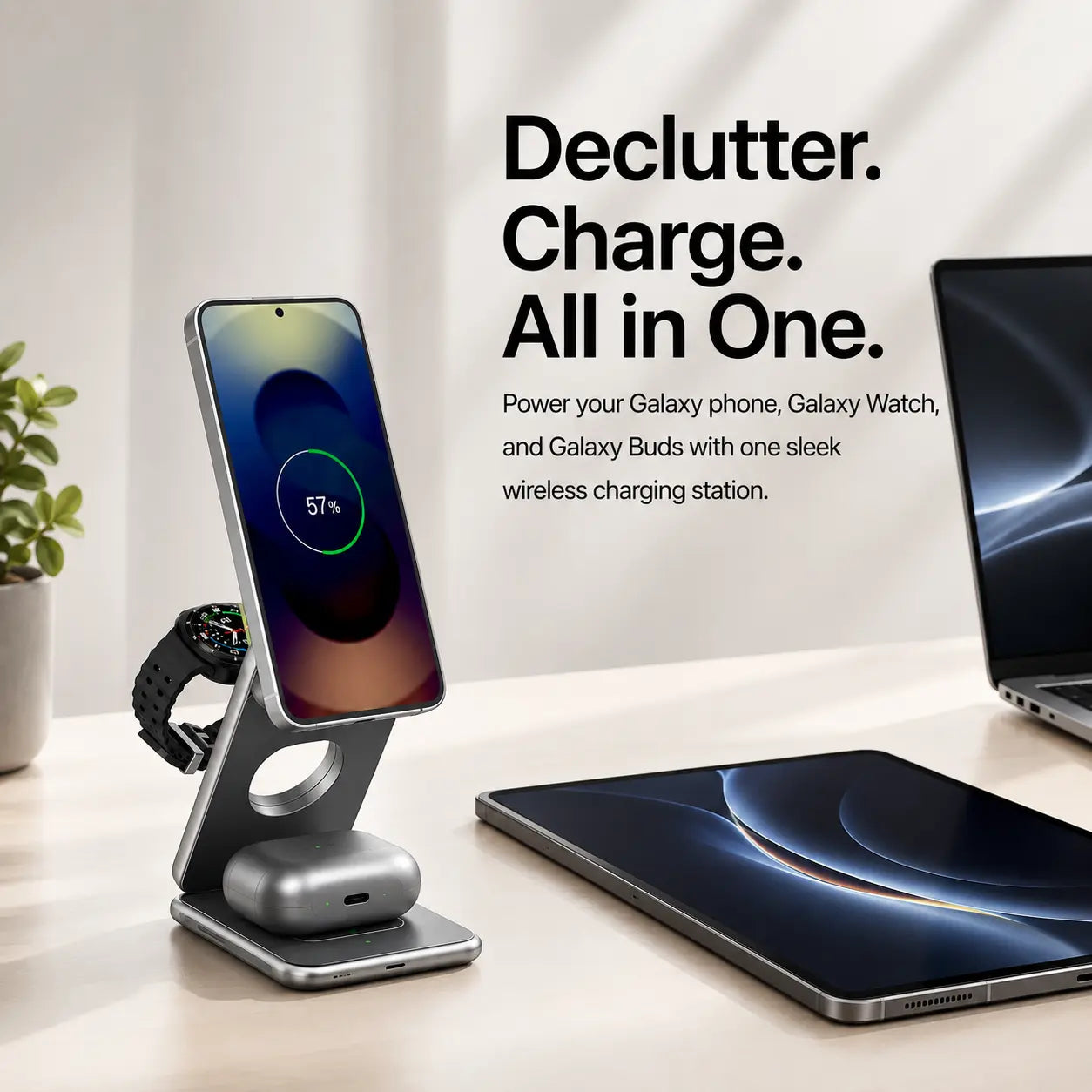 Foldable Galaxy charging station with adjustable phone and watch charging