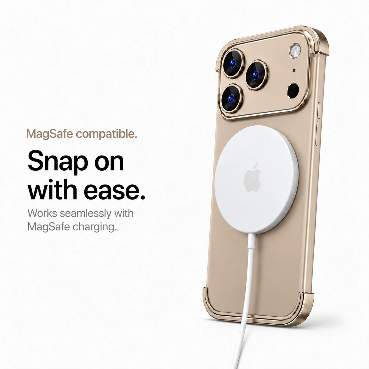 Sand gold minimal metal phone case connected to a white wireless charging puck #color_Desert Gold