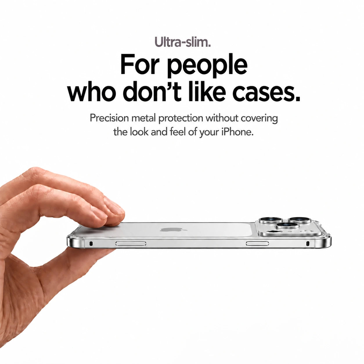 Silver aluminum frame phone case held sideways showing its slim profile #color_Titanium Silver
