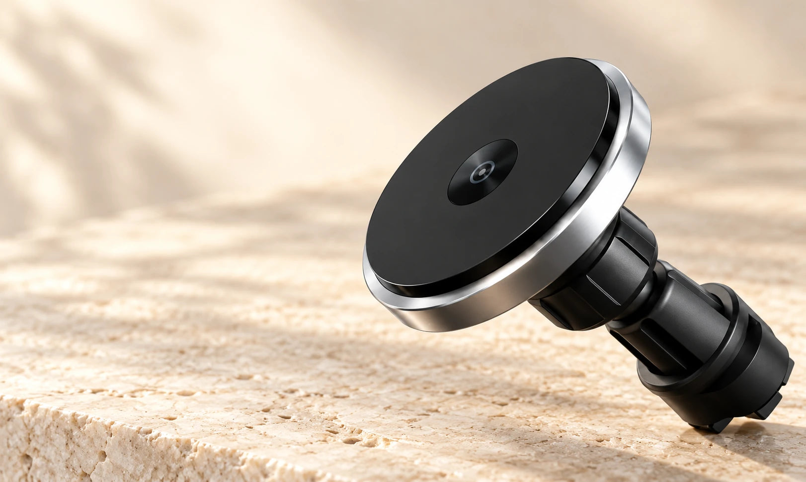 Close-up of a silver car charging mount and its adjustable black joint.