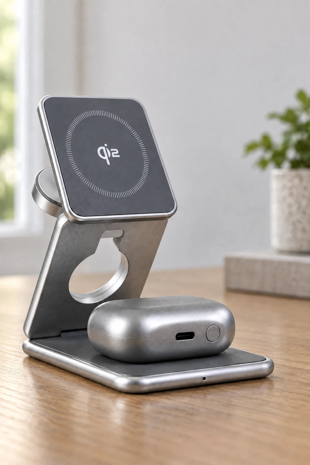 Silver earbud case resting on the flat base pad of a folding stand.