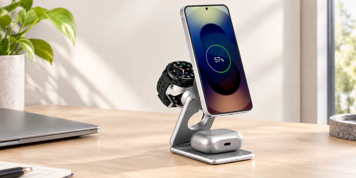 Silver folding charger holding a phone, round watch and silver earbud case.