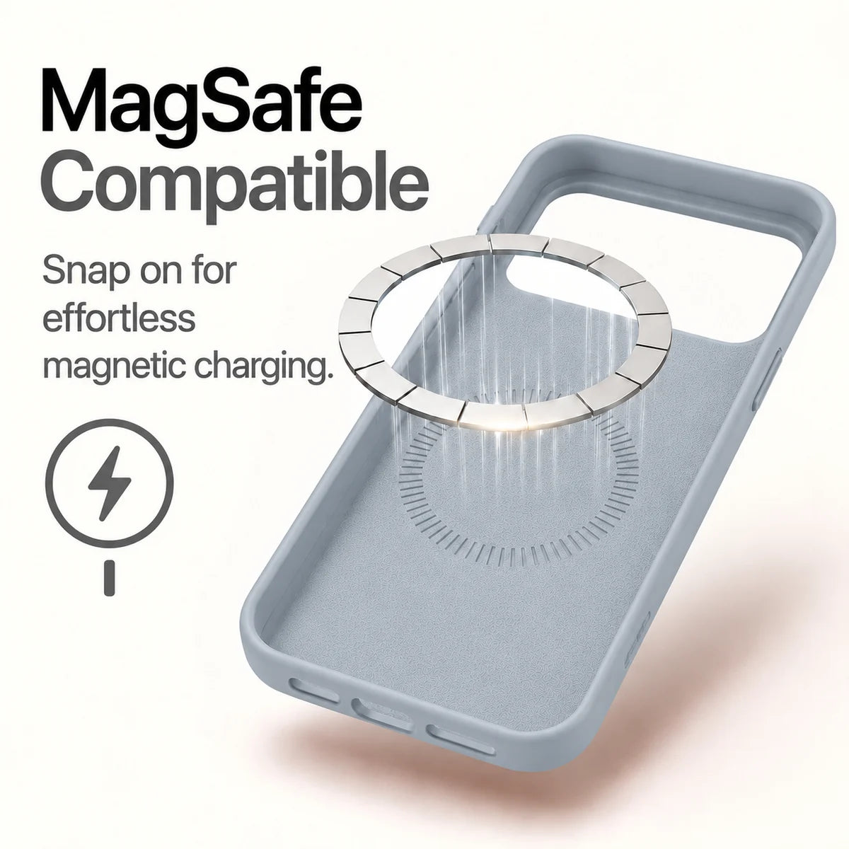 Silver Gray silicone phone case showing the soft interior and magnetic charging ring #color_Silver Gray