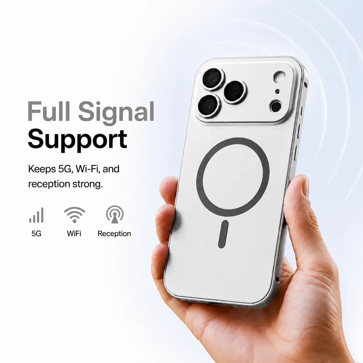 Silver metal magnetic phone case held upright with illustrated signal icons #color_Titanium Silver