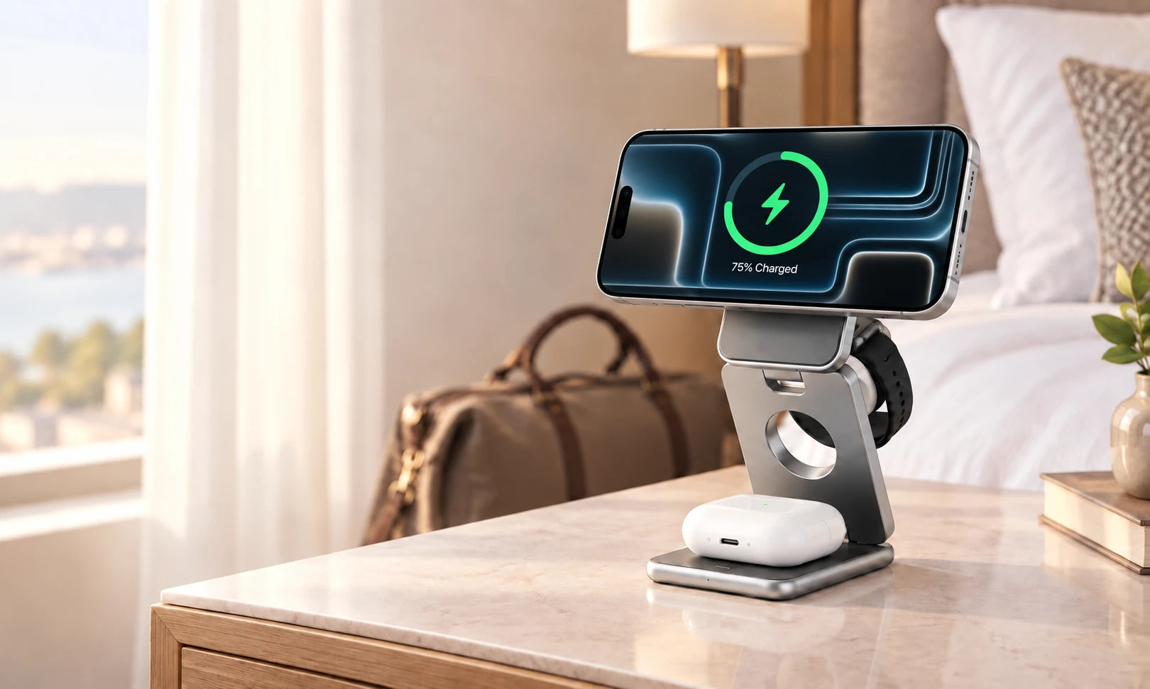Silver wireless charging stand holding a phone horizontally beside a bed, with a watch and earbud case below.