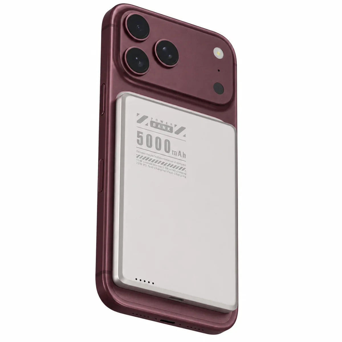 Titanium Stone Gray slim magnetic power bank on a Burgundy phone with a compact battery. #color_Titanium Stone Gray