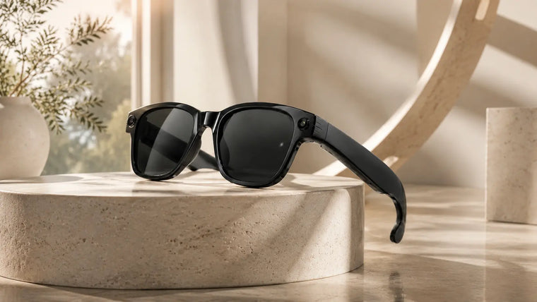 Black smart glasses with HD camera and open-ear Bluetooth audio