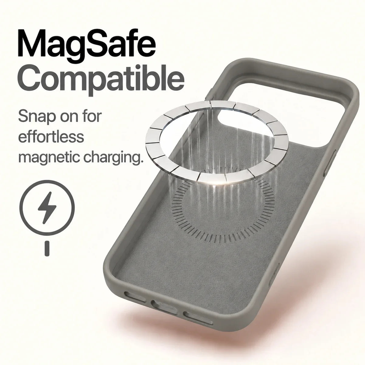 Titanium Gray silicone phone case showing the soft interior and magnetic charging ring #color_Titanium Gray