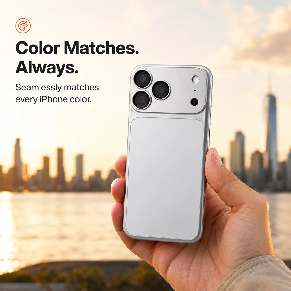 Titanium Silver magnetic protective phone backplate held against a city skyline #color_Titanium Silver