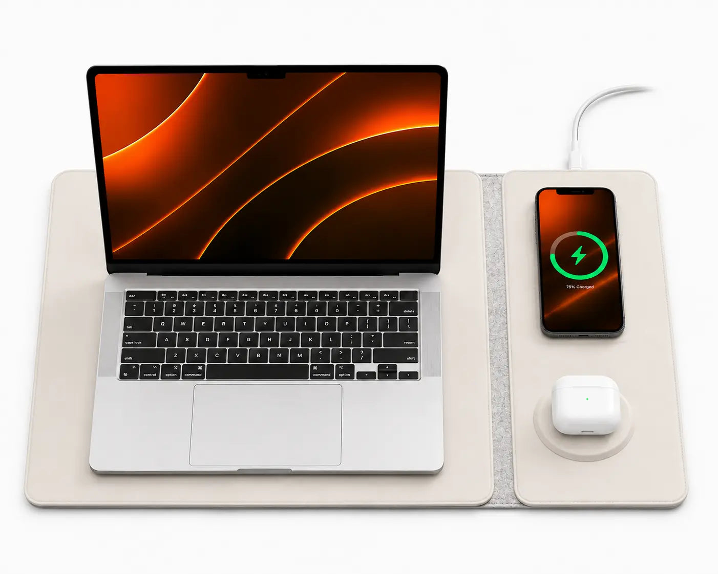 Travel laptop sleeve with integrated charging workspace