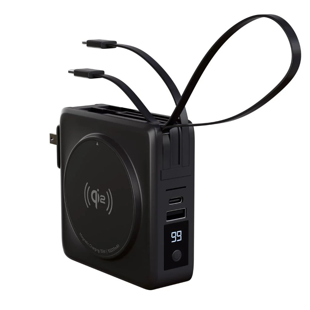Midnight Black travel power bank with extended charging cables #color_Midnight Black