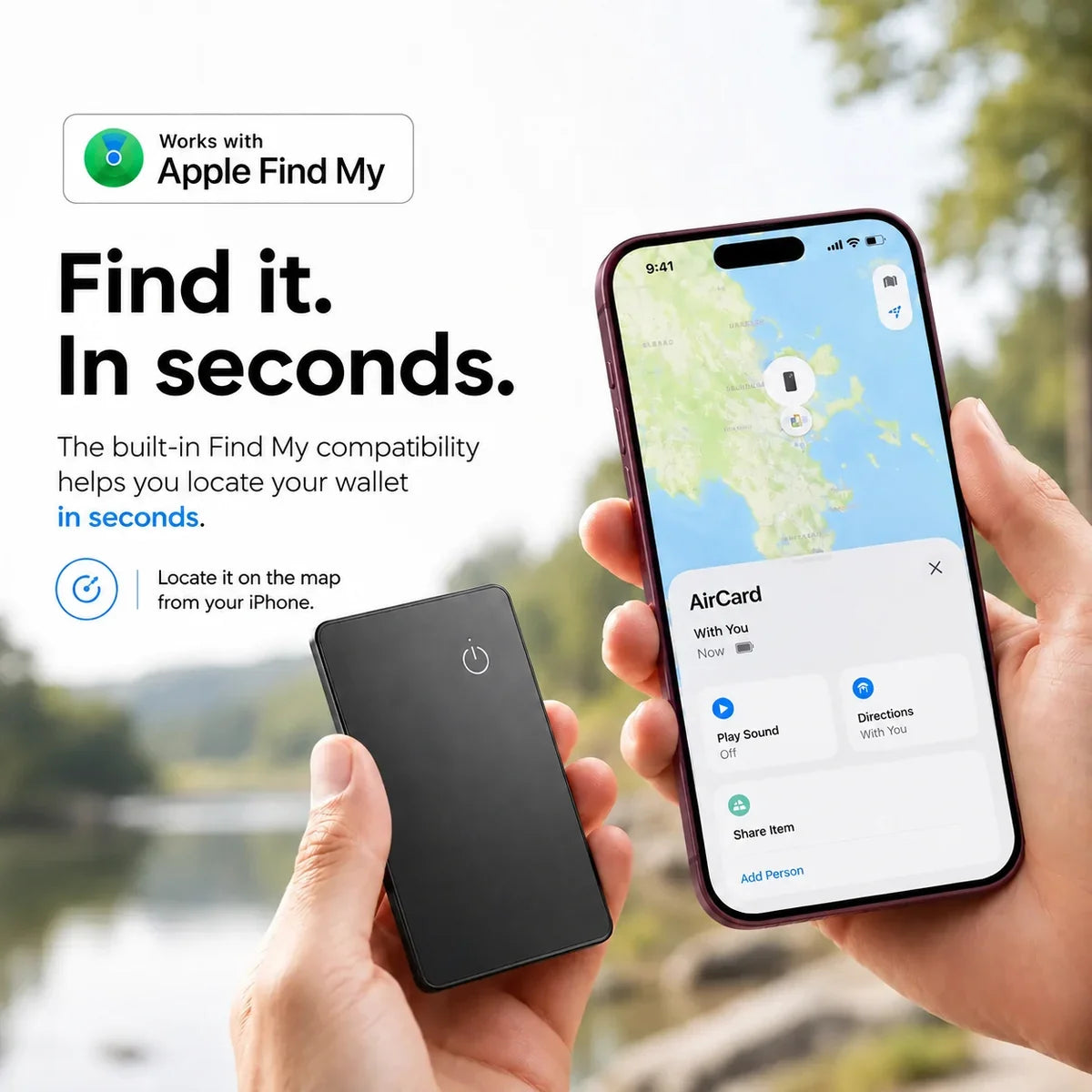 Black AirCard wallet tracker being located using Find My on a Burgundy iPhone.