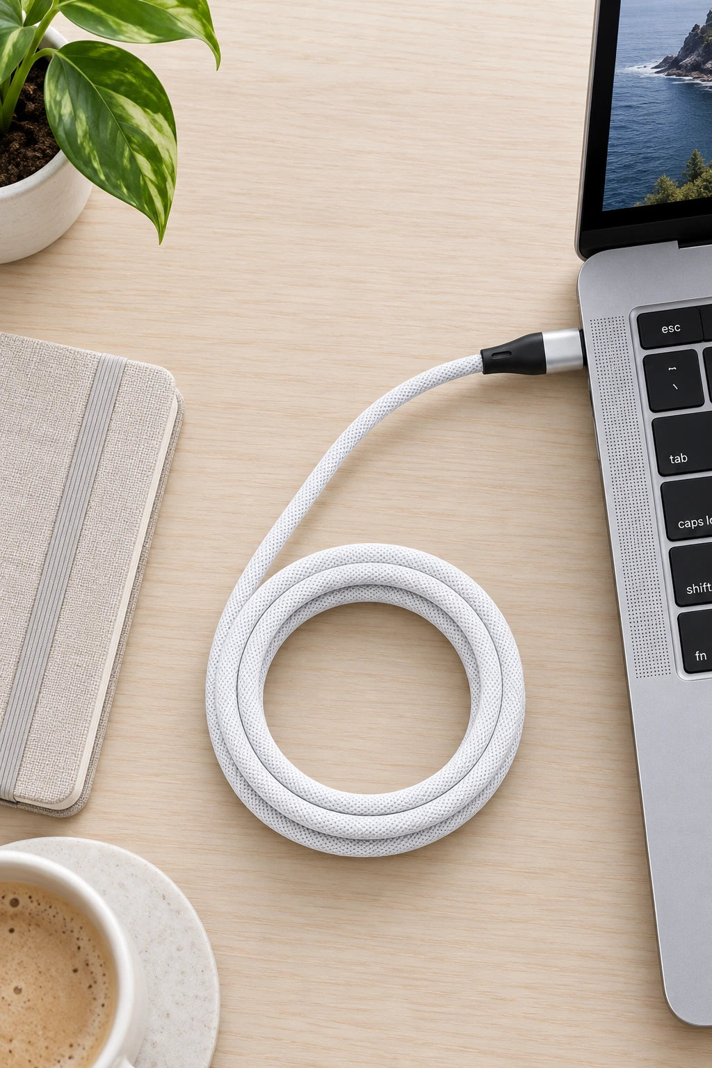 White magnetic cable keeping excess length coiled beside a working laptop.