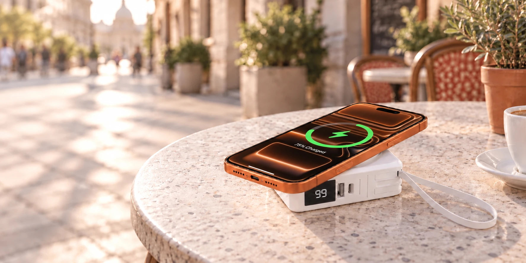 Phone showing wireless charging on a white magnetic power bank at an outdoor cafe.