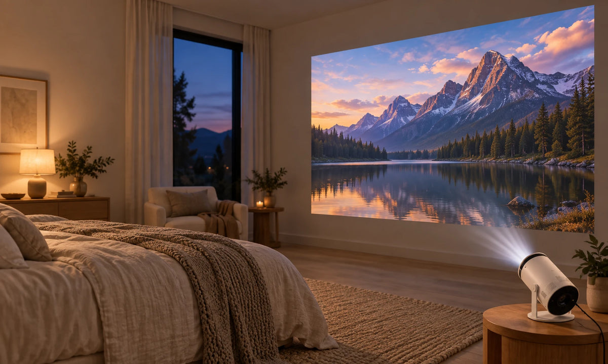 White mini projector on a bedside table facing a wall projection.