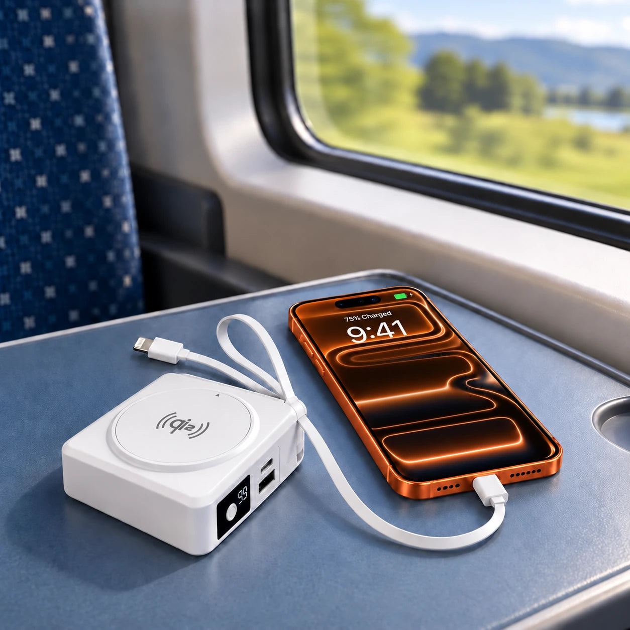 White power bank charging a phone with its built-in USB-C cable on a train table.