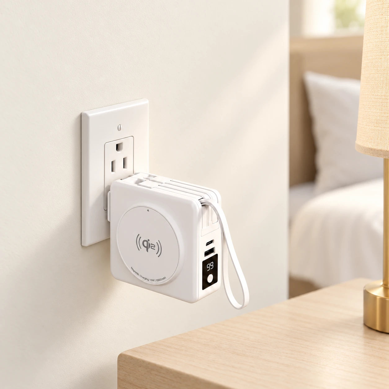 White travel power bank plugged directly into a hotel wall outlet to recharge.