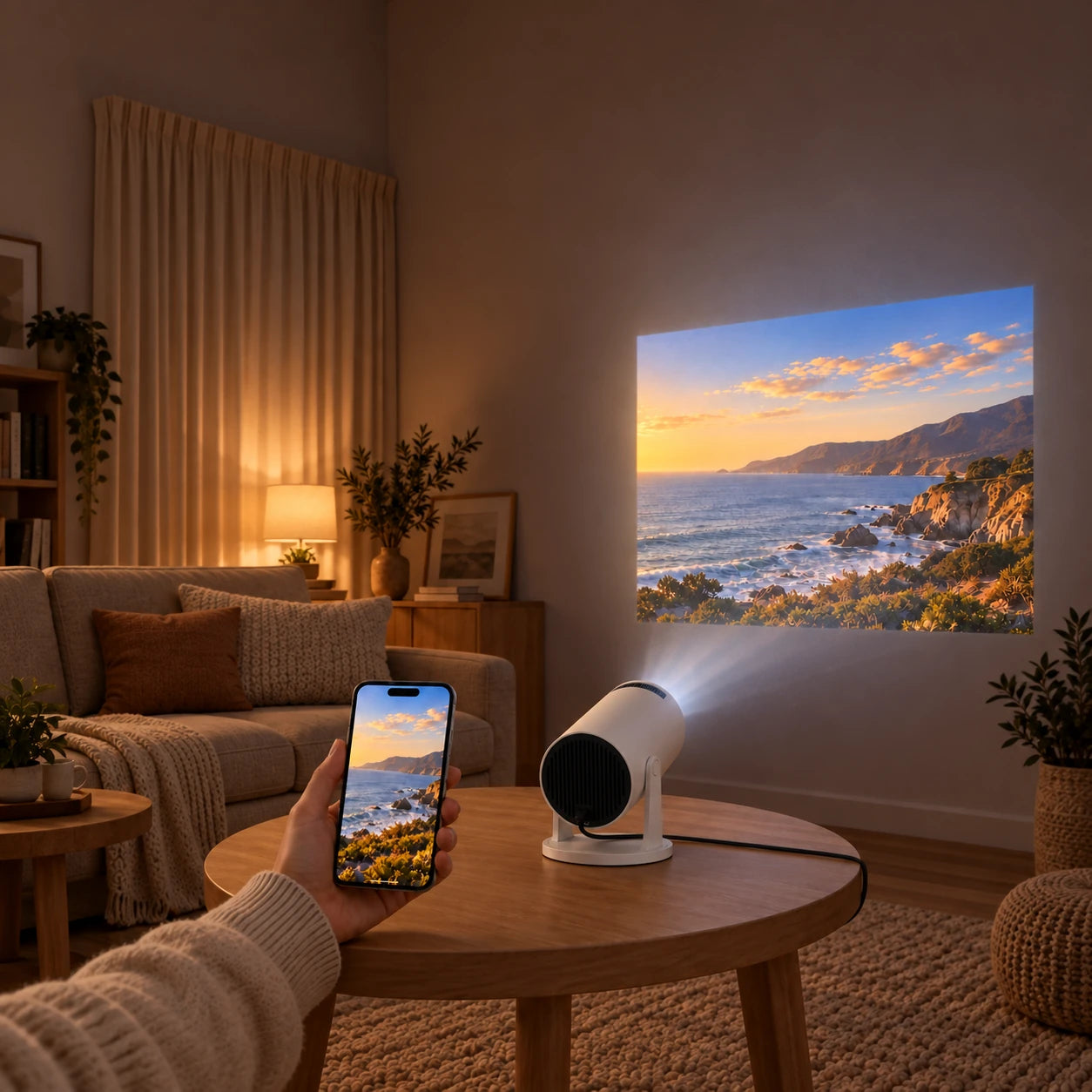 A phone and white projector showing the same coastal landscape in a cream living room.