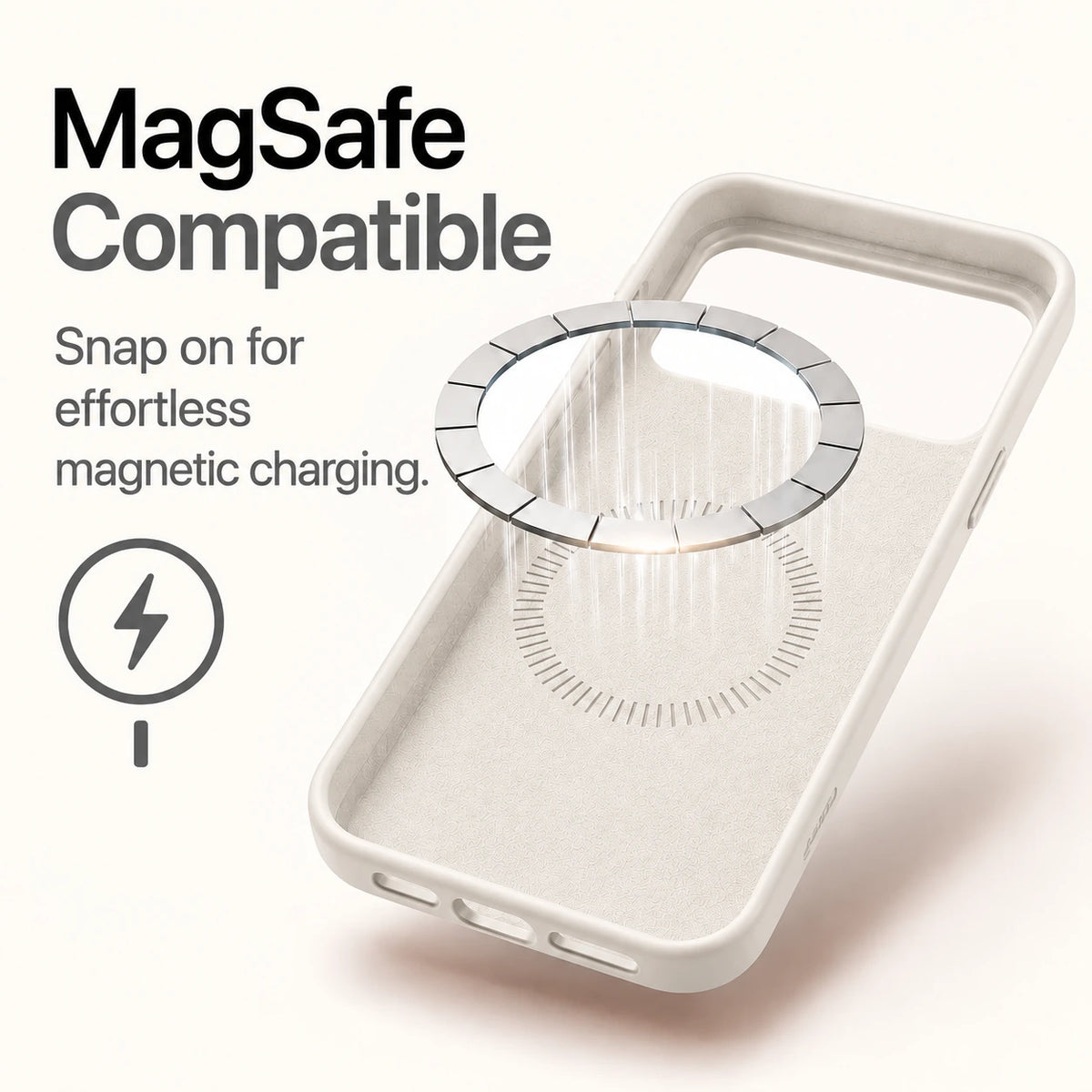 White silicone phone case showing the soft interior and magnetic charging ring #color_Arctic White
