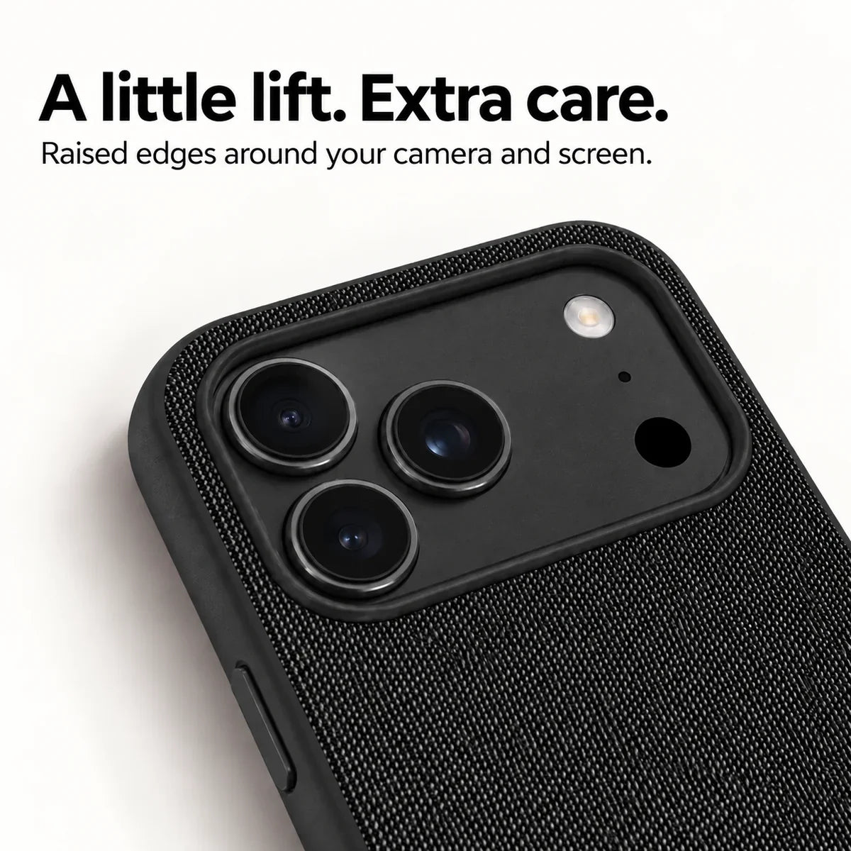 Close view of the raised camera surround and woven fabric on a Midnight Black phone case. #color_Midnight Black