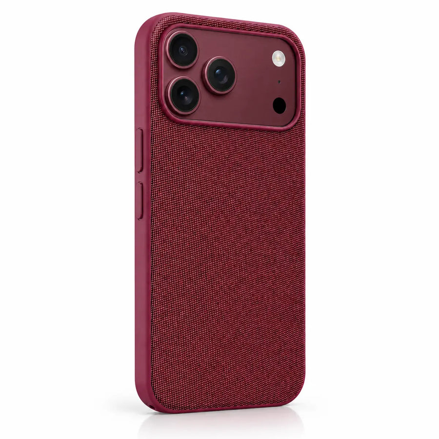Woven phone case in Burgundy on a matching Burgundy iPhone 18 Pro Max.