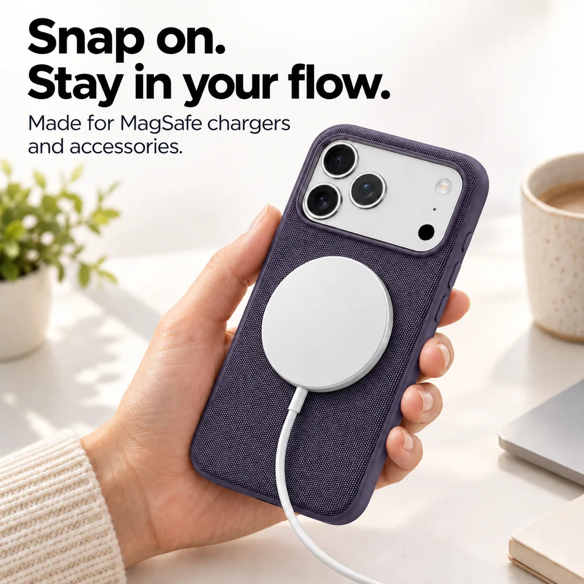 White magnetic charging puck attached to a Dusk Purple woven phone case. #color_Dusk Purple