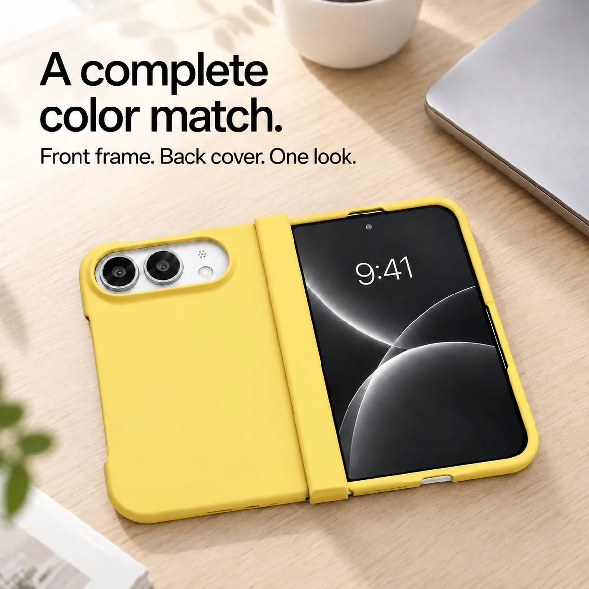 Yellow matte iPhone Ultra case open flat on a desk, showing coordinated front and back covers. #color_Solstice Yellow